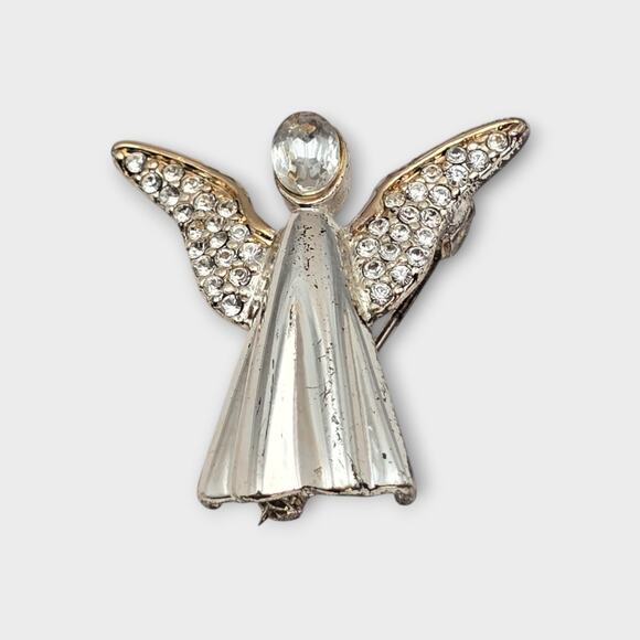 Vintage Monet Angel Brooch – Silver Rhinestone Wings – Holiday Christmas Pin - Picture 4 of 6